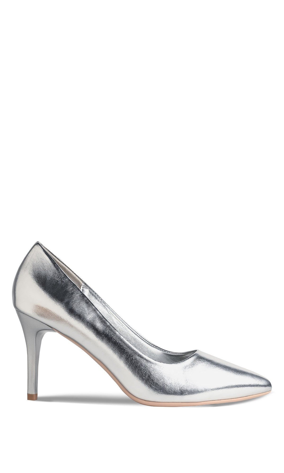 The Tia Silver Prom Shoes: Touch Ups 4750 feature a metallic silver finish, pointed toe, and mid-height stiletto heel—elegant side-profile pumps perfect for a polished and stylish prom look.